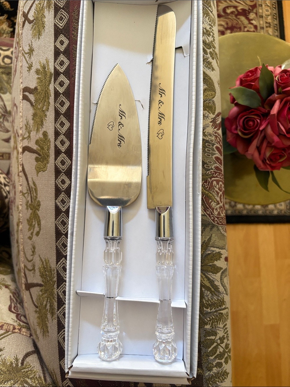 Mr & Mrs Engraved Cake Knife and Server Set - Silver Tone